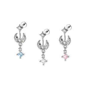 Surgical titanium star and moon cartilage studs with colorful square zircon crystals