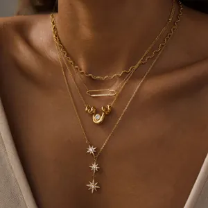 Collier Pendentif Étoile à Huit Branches en Acier Inoxydable pour Femmes Luxe Léger Épingle à Nourrice Lettre MOM Or Bijoux