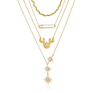Collier multicouche en acier titane 316L doré avec pendentifs étoile et épingle