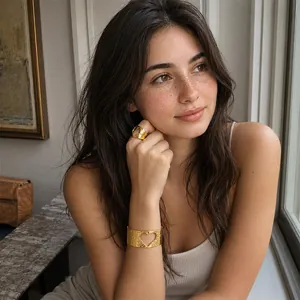 Parure de bijoux en acier inoxydable doré 18 carats avec bracelet cœur martelé
