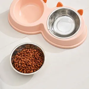 Roze dubbele voerbak met kattenoren en uitneembare roestvrijstalen bakjes voor huisdieren