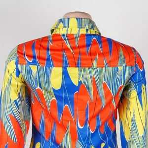 Detailed back view of colorful slim fit dress with a vibrant abstract geometric pattern