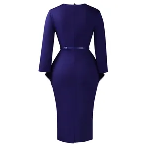 Back view of elegant navy blue long-sleeved pencil dress with ruffle details