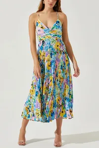 Detailed view of floral V-neck camisole pleated dress with vibrant multi-color print