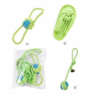 Detailed view of lime green and blue braided rope dog toys in various durable knotted styles