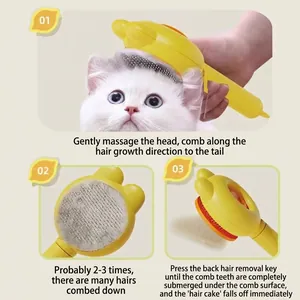Rabbit ear self-cleaning pet brush for cats showing the easy three-step grooming process