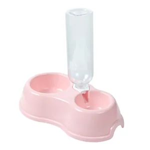 Automatische waterdispenser en dubbele voerbak set in roze voor honden en katten