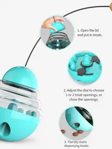 Instructional diagram showing how to use the interactive cat tumbler food dispenser toy