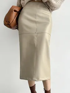 Women French Khaki Black PU Leather Skirt High Waist Midi Bodycon Pencil Skirt Stitched Faux Leather Wrap Skirt Spring Autumn
