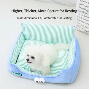Soft light blue striped pet sofa bed for small dogs and cats with supportive backrest
