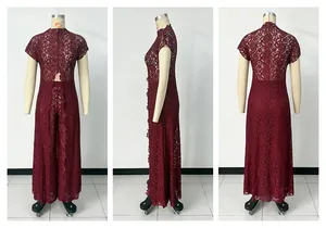 Three-view display of burgundy lace jumpsuit with hollow-out design and front slit