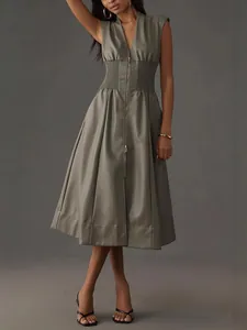 Vestido Largo Vintage Francés de Cuero PU Sin Mangas Con Cuello en V Cremallera Frontal y Cintura de Nido de Abeja Color Sólido Línea A Vestido de Moda Mujer