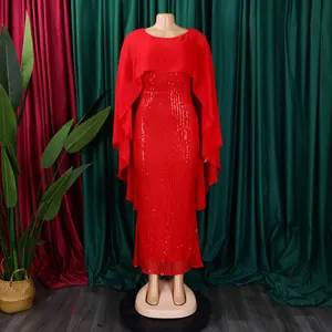 Elegantes rotes Pailletten-Abendkleid mit einem fließenden Chiffon-Cape für Partys