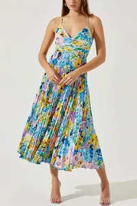 Detailed full-view of a vibrant floral print pleated camisole dress with elegant V-neck