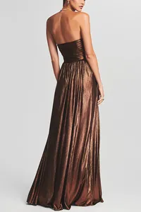 Detailed back view of metallic copper strapless party gown with pleated texture