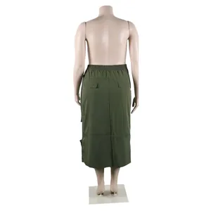 Rear view of army green cargo midi skirt on mannequin detailing pockets and waistband.