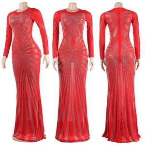 Detailed angles of a red rhinestone gown on mannequin showing front, side and back