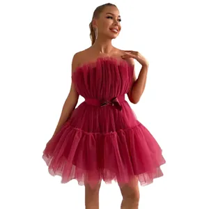 Elegant strapless burgundy tulle puffy party dress with bow waist and layered skirt