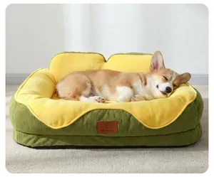 Sofá para mascotas de pana con perro Corgi durmiendo, diseño grueso y muy cómodo