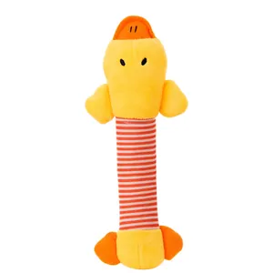 Long plush squeaky dog toy with colorful striped body for pet teething and interactive play