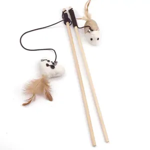 Wooden cat teaser wand toy with natural feathers, bell and jute mouse for indoor cats
