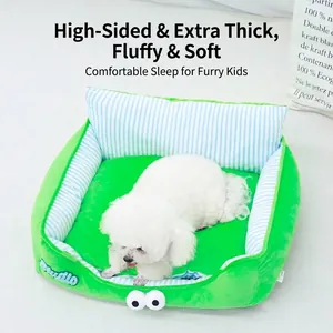 Cute green plush pet bed with cartoon eyes for small dogs and cats, cozy sofa style