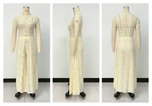 Detailed views showing the front, side and back of this elegant cream lace jumpsuit.