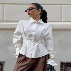 French style pleated waist white cotton shirt for women with elegant puff sleeves