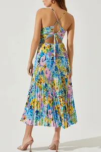 Detailed back view of a floral pleated maxi dress featuring a cross-back tie design.