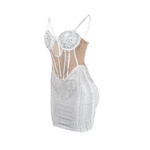 White bodycon camisole dress with rhinestones, pearls and mesh panels detail