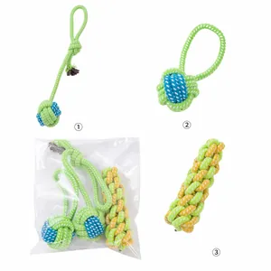 Durable three-piece cotton rope dog chew toy set designed for teeth cleaning and play