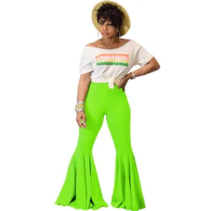 Pantalones de campana verde neón sexy de talle alto con dobladillo de volantes pro