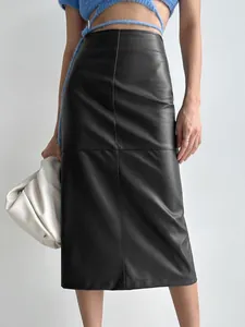 Elegant black high-waisted PU leather midi skirt featuring a modern pencil cut.
