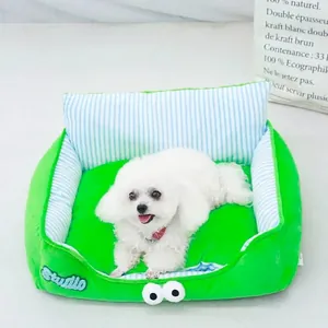 Neon green dog sofa bed with blue striped lining and cute character eye decorations