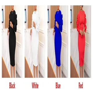 Elegant long sleeve ruffle midi dress available in black, white, blue, and red colors