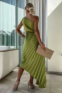 Elegant olive green one-shoulder pleated maxi dress for sexy cocktail evening parties.