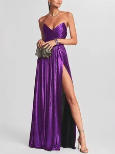 Elegant purple metallic strapless maxi dress with pleated bodice and high side slit
