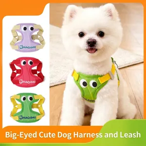 Harnais et Laisse pour Chien Respirant Réglable Anti-Évasion Design Yeux de Dessin Animé Gilet en Filet de Polyester pour Petits Moyens Chiens