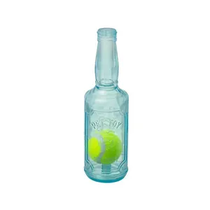 Durable blue bottle dog squeak toy with tennis ball inside, floating rubber pet toy