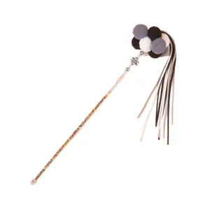 Interactive cat teaser wand toy with soft plush pom-poms and flowing tassels for kittens.