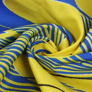 Close-up detail of vibrant yellow and blue striped fabric texture for slim fit dress.