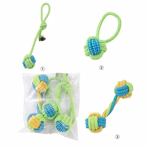 Set of colorful braided cotton rope knot dog toys for dental health and play time.