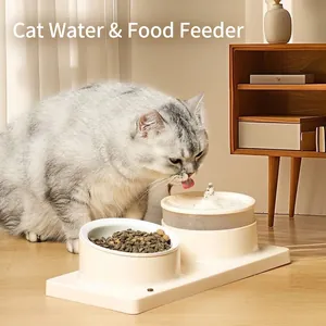 Fontanella Automatica per Gatti e Ciotola Doppia Integrata Ceramica Acciaio Inossidabile Abbeveratoio per Animali Silenzioso per Gatti Cani Piccola Taglia