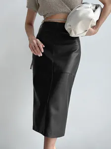 High-waist black PU leather midi pencil skirt with sophisticated stitching detail