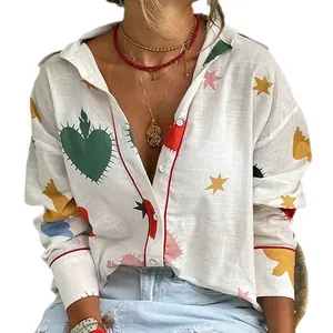 Western style white long sleeve shirt with colorful heart and star prints for women