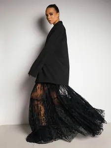 Sexy black high waist sheer lace maxi skirt for women with elegant floral pattern.