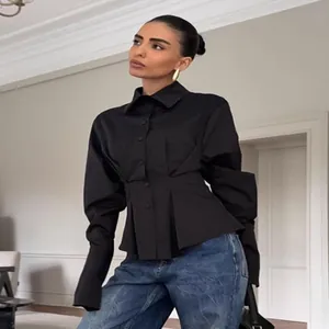 Elegant French style pleated waist black slim fit button down shirt for women's office wear