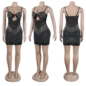 Front, side, and back views of a black bodycon dress with shiny rhinestones and pearls.