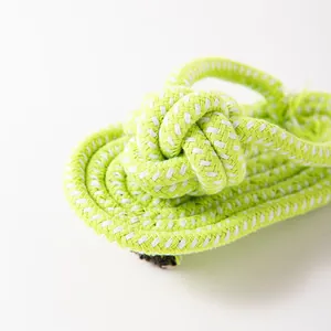 Primo piano di un giocattolo per cani durevole in corda intrecciata verde lime e bianco