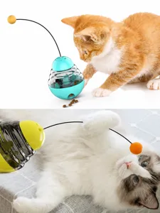 Interactive cat tumbler puzzle feeder toy with teaser ball wand for indoor cats playing